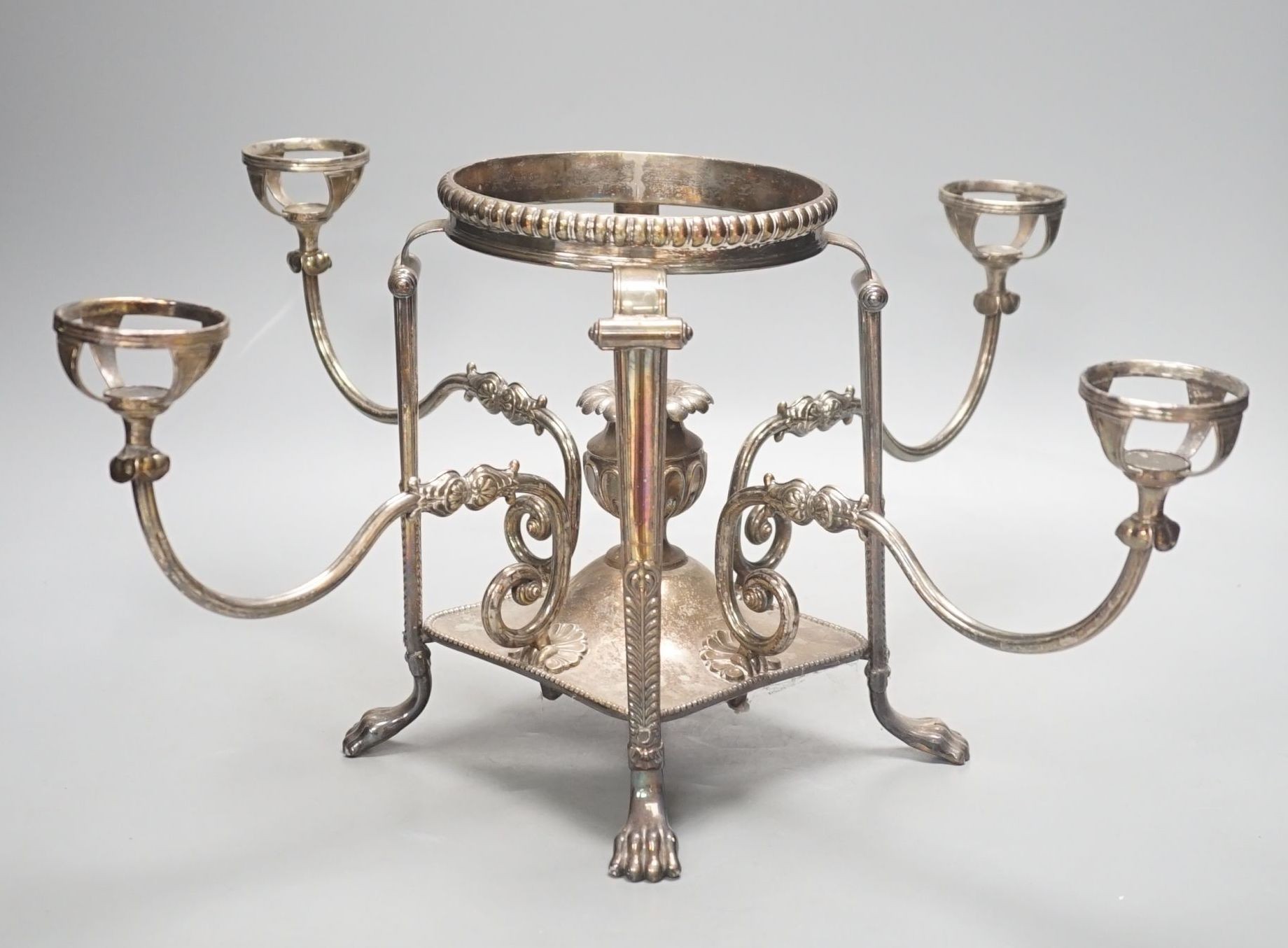 An Old Sheffield plate four branch epergne, 53.5 cms wide.